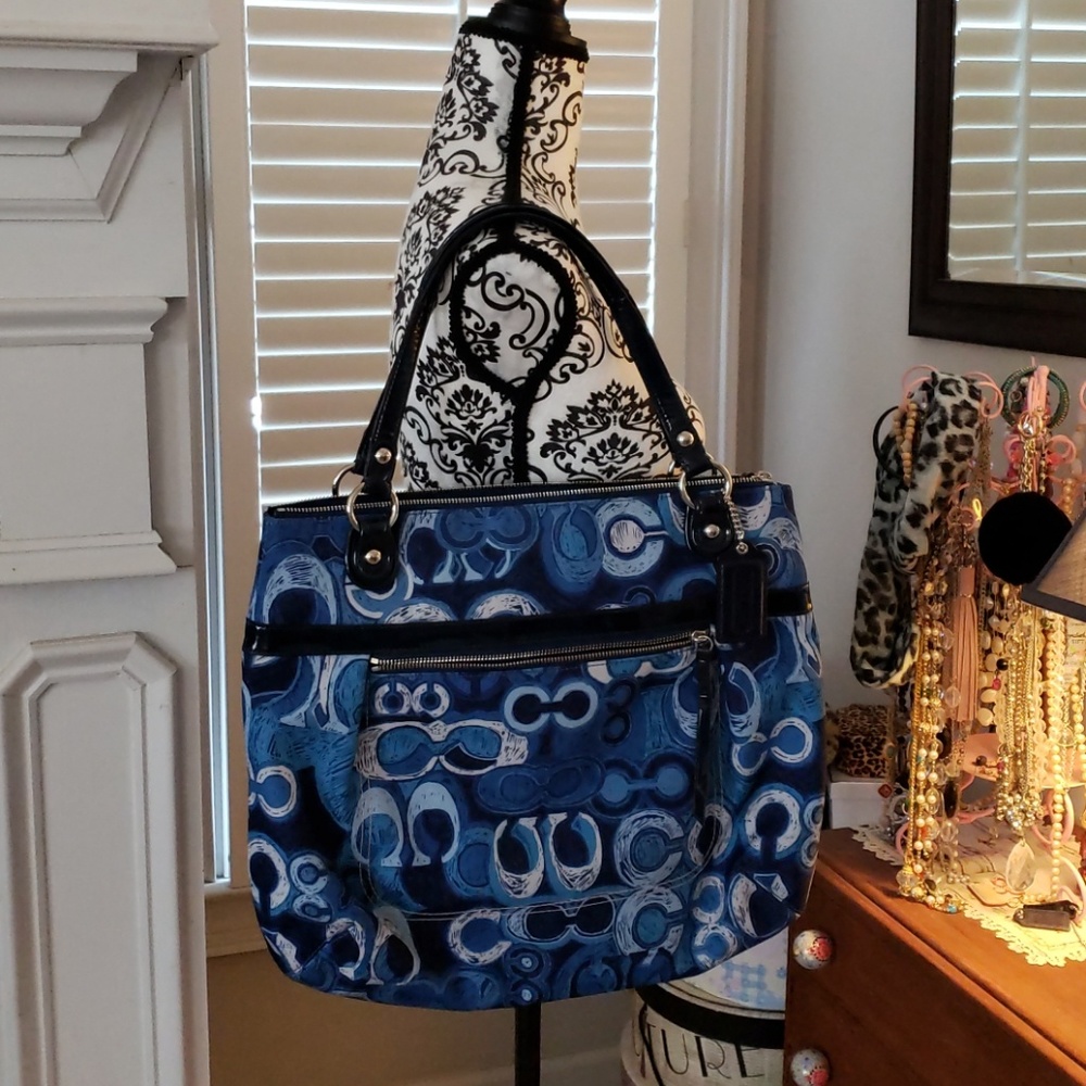 Coach Blue Patterned Shoulder Bag with Black Trim